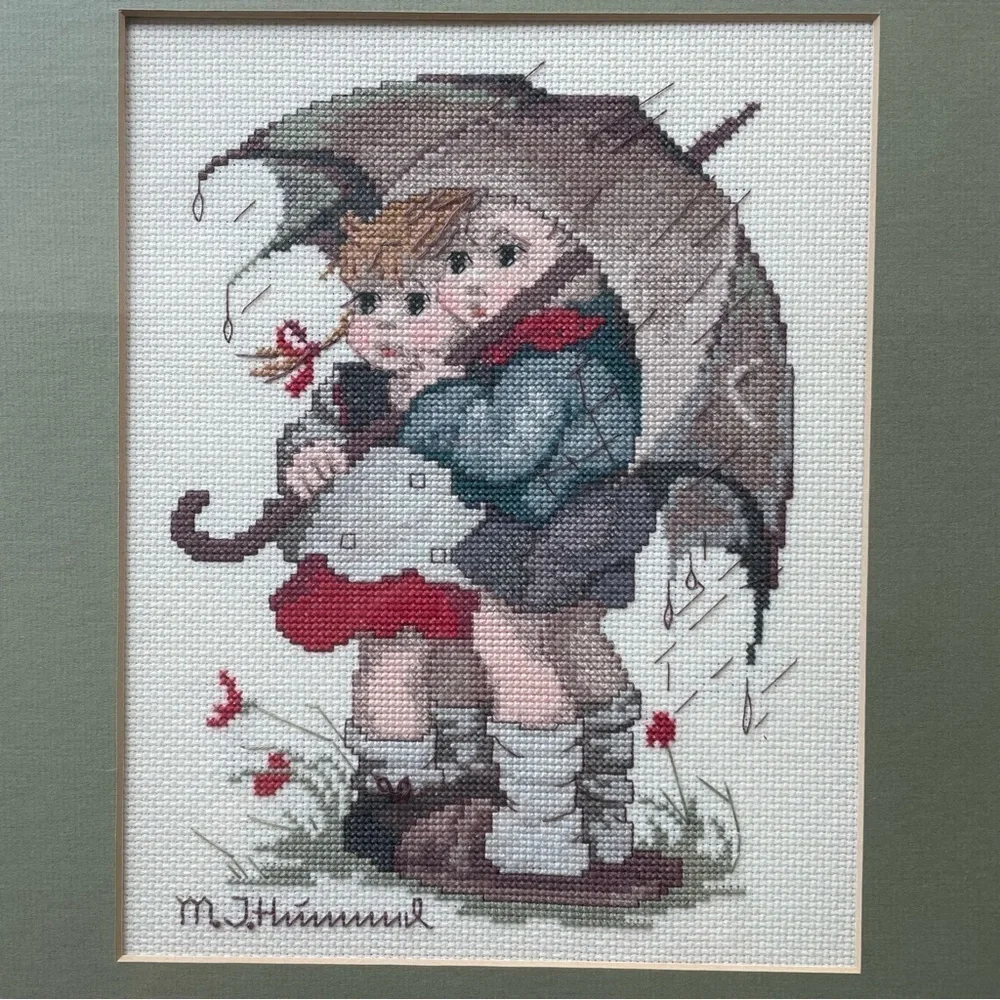 M.I. Hummel Cross Stitch Needle Point Framed Art Rare Vintage Wall Hanging Decor